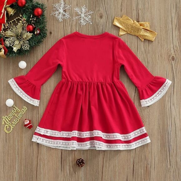 NWT Lace Trim Toddler Girls Christmas Flare Long Sleeve Dress w/ Gold Bow Set - Picture 5 of 6